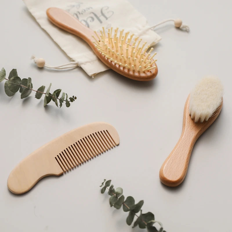 Custom Baby Hair Comb Brush Set Natural Wooden Comb Soft Wool Newborn Baby Bath Care Brush Personalized Massager Gift For Kids