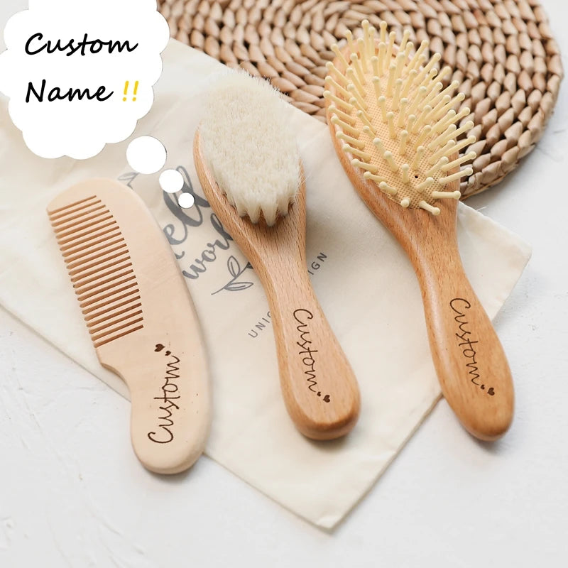 Custom Baby Hair Comb Brush Set Natural Wooden Comb Soft Wool Newborn Baby Bath Care Brush Personalized Massager Gift For Kids