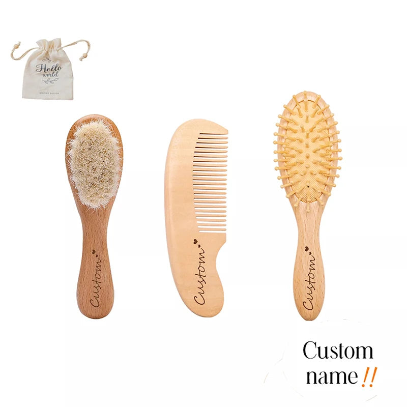 Custom Baby Hair Comb Brush Set Natural Wooden Comb Soft Wool Newborn Baby Bath Care Brush Personalized Massager Gift For Kids