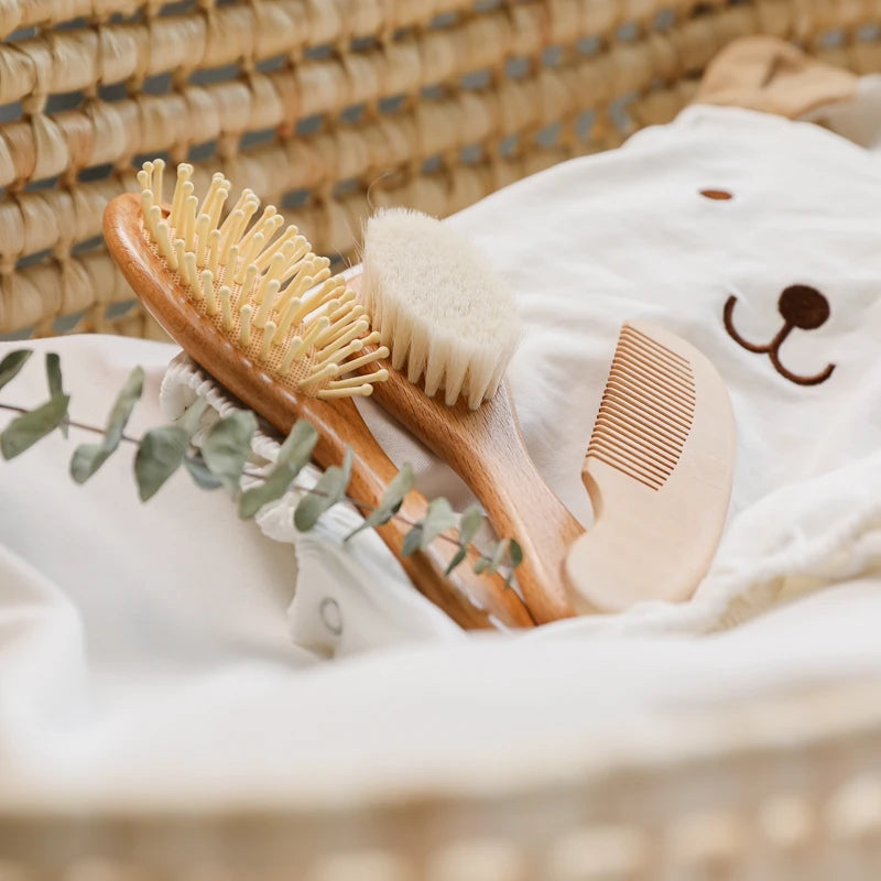 Custom Baby Hair Comb Brush Set Natural Wooden Comb Soft Wool Newborn Baby Bath Care Brush Personalized Massager Gift For Kids