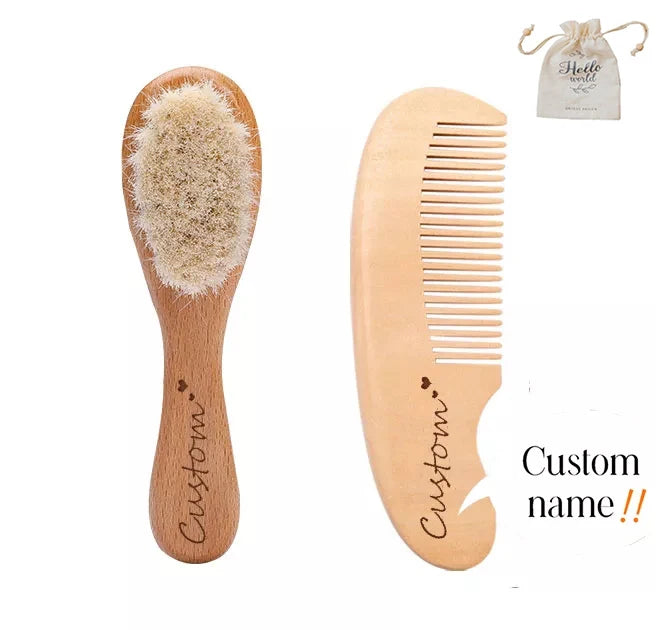 Custom Baby Hair Comb Brush Set Natural Wooden Comb Soft Wool Newborn Baby Bath Care Brush Personalized Massager Gift For Kids