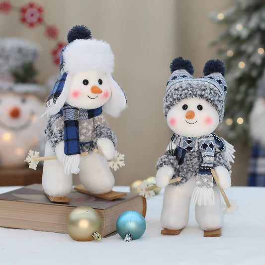 New Blue Christmas Snowman Dolls Plush Swinging Skiing Doll Figurine Toys Christmas Tree Ornaments New Year Xmas Gift